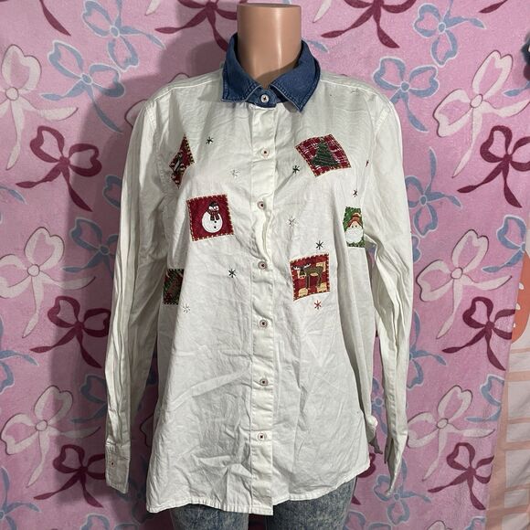 Vintage Ugly Christmas patches cute denim collar l/s buttoned down top XL - Picture 1 of 5